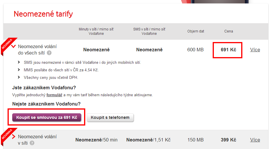 Stránka s nabídkou tarifů Vodafone.cz